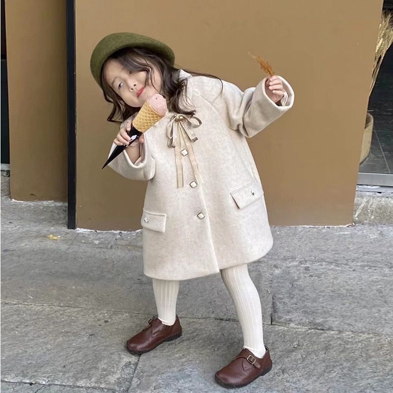 2022 latest winter clothes girls woolen coat Korean style thickened woolen mid-length coat beige color coat【shipped within 15 days】
