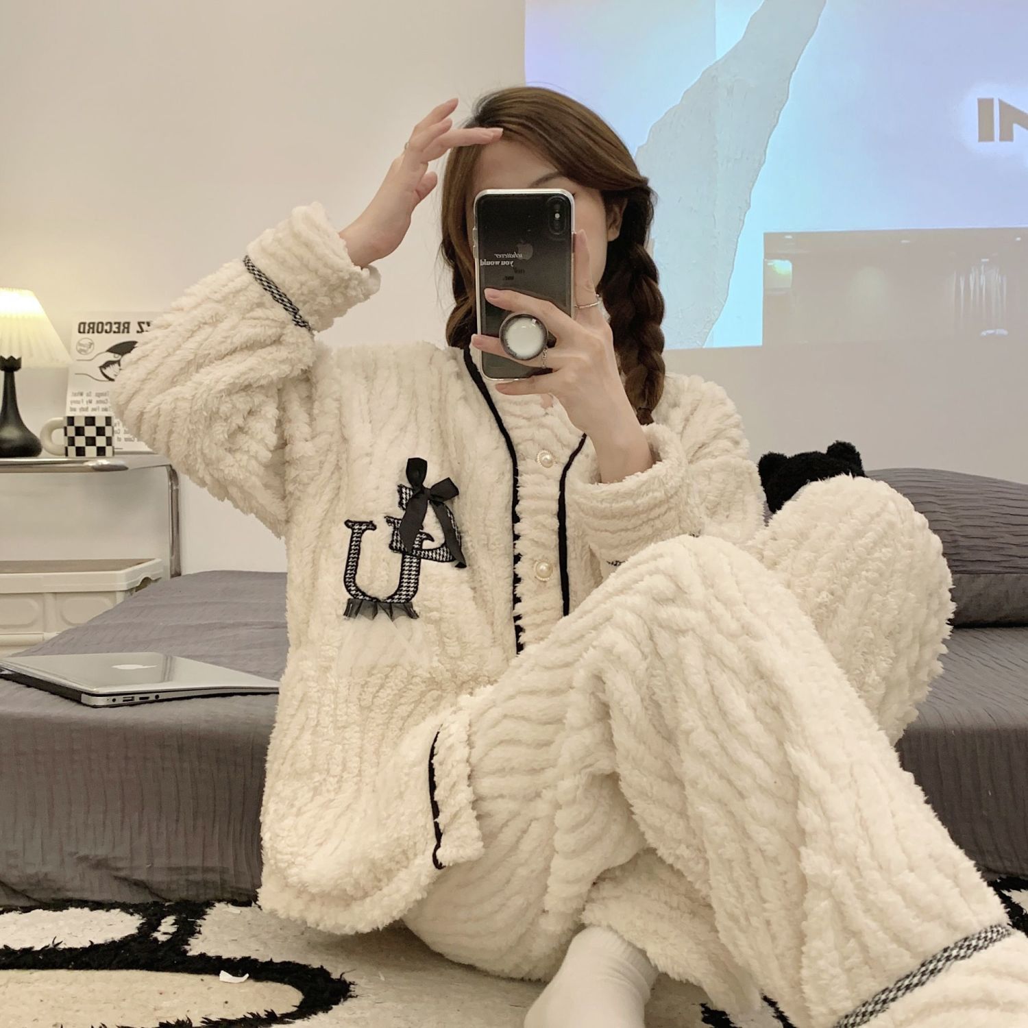 睡衣女冬季開衫珊瑚絨紐扣加絨加厚保暖大碼家居服兩件套裝可外穿