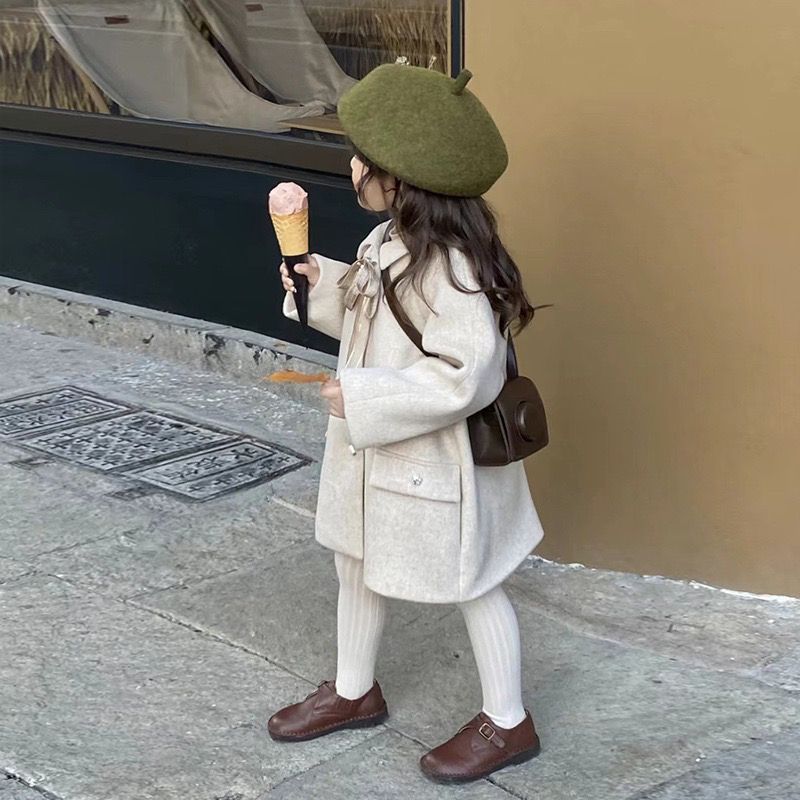 2022 latest winter clothes girls woolen coat Korean style thickened woolen mid-length coat beige color coat【shipped within 15 days】