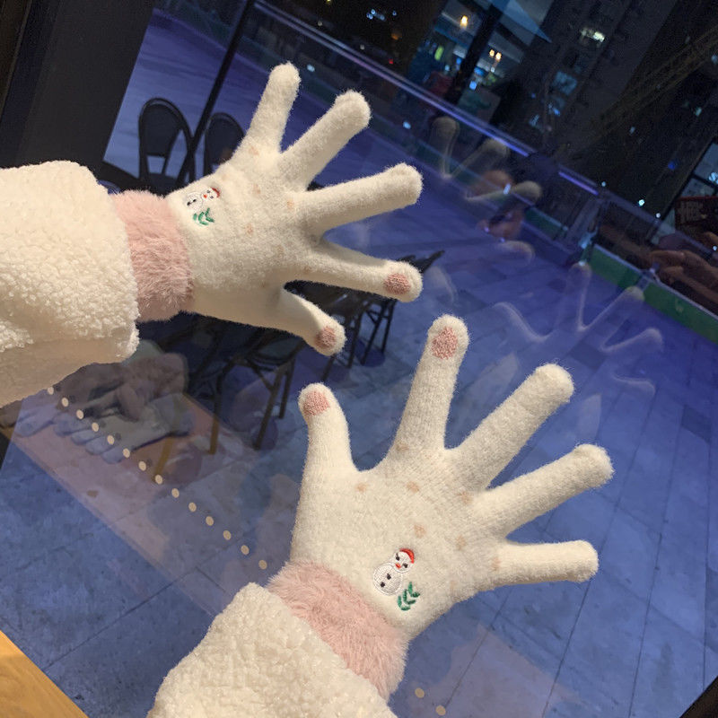 圣诞雪人触屏手套女冬可爱韩版学生兔毛茸茸加绒全指保暖少女心