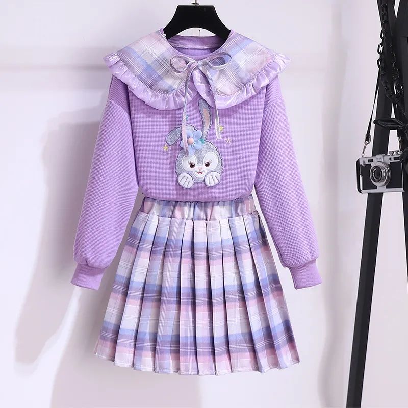 女童春秋新款套装2023儿童卡通兔子长袖休闲卫衣百褶裙两件套装潮