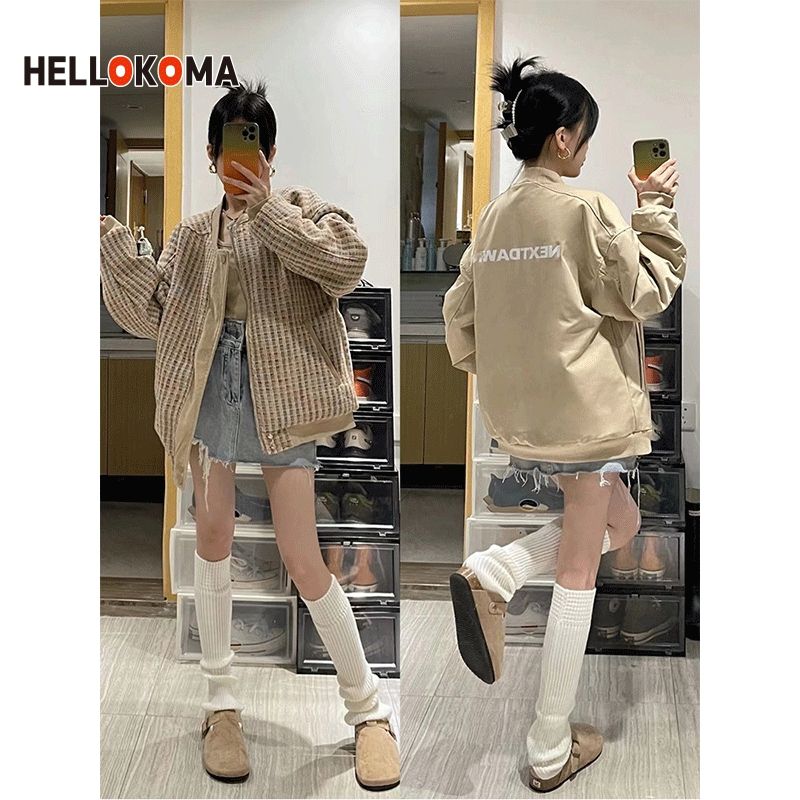 HK American retro spring and autumn new double-sided wear small plaid small fragrant wind jacket women's loose all-match jacket tops