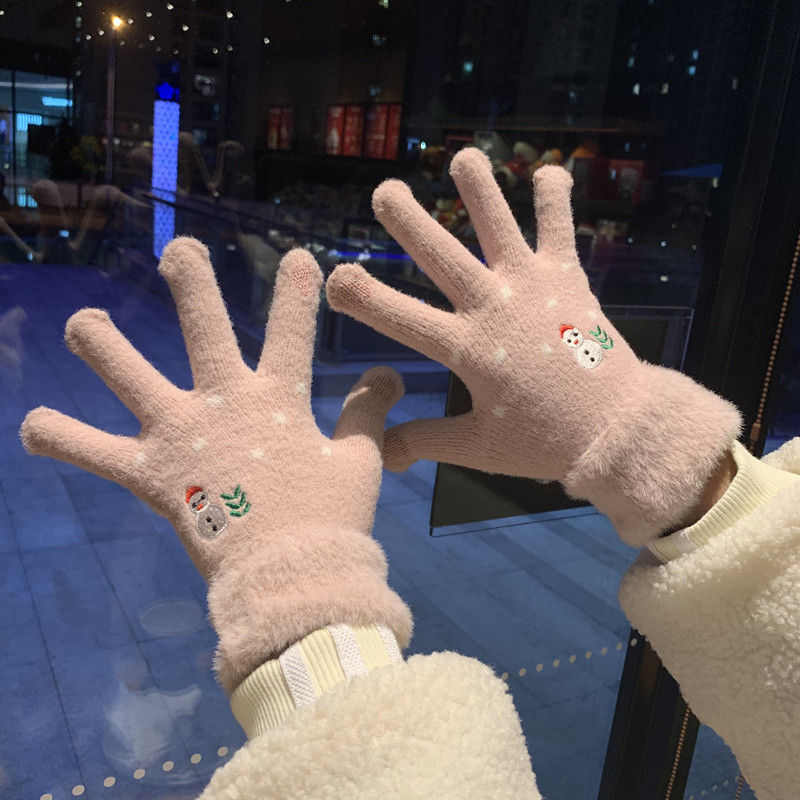 圣诞雪人触屏手套女冬可爱韩版学生兔毛茸茸加绒全指保暖少女心