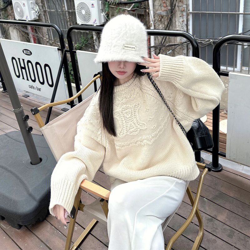 Fashion design three-dimensional crochet pullover sweater female students autumn and winter retro lazy simple long-sleeved knitted top