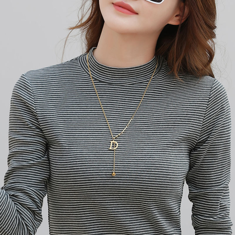 Bottom shirt women's autumn and winter half-high collar 2023 new foreign style pure cotton striped black stand-up collar spring and autumn top
