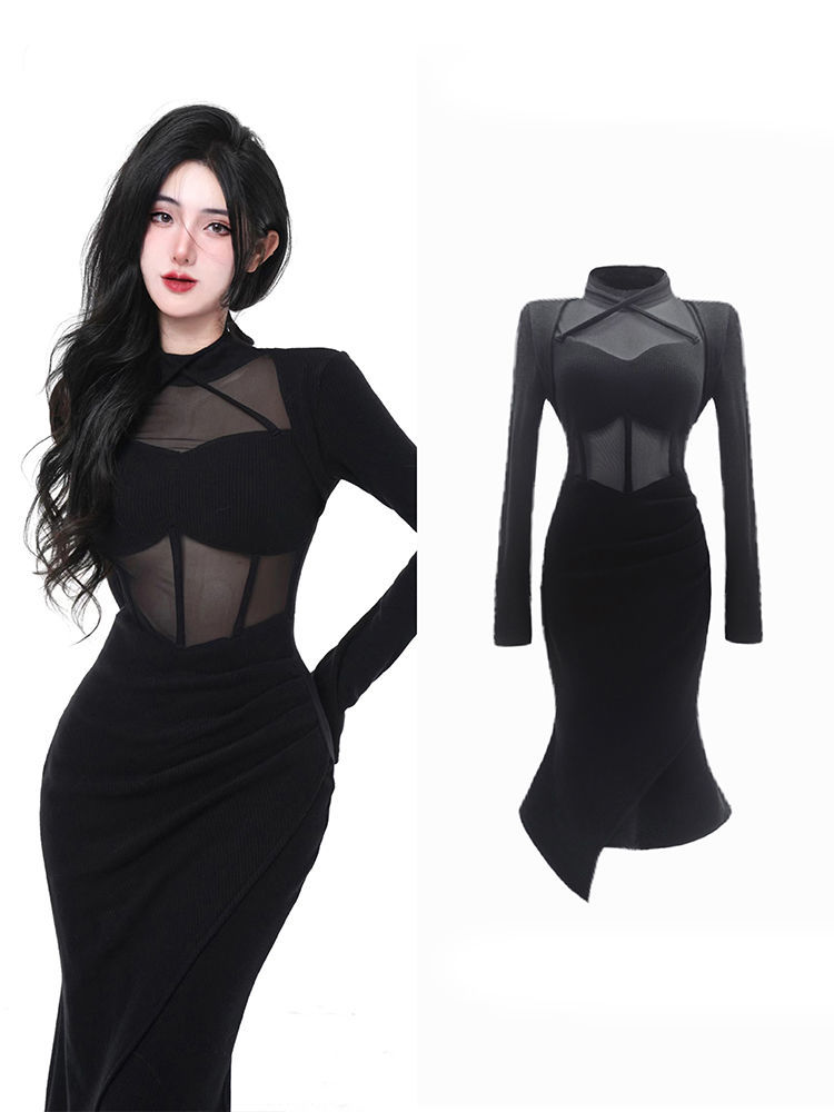 JOYKIKI Jinjin Cool Cool Hot Girl Pure Desire Black Fishbone Skirt Female Mesh Stitching Bag Hip Long Sleeve Dress