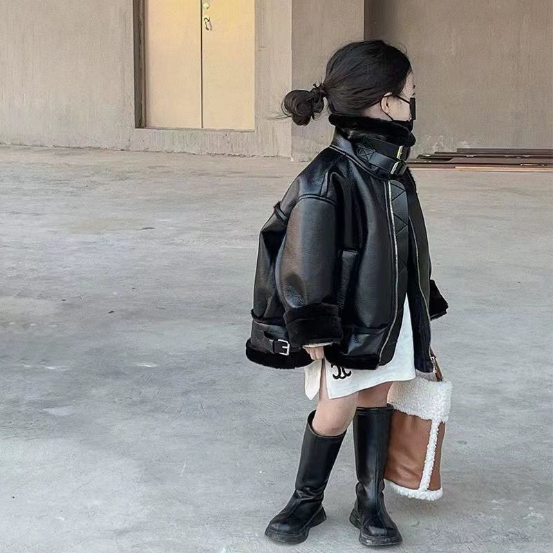 Girls PU leather motorcycle suit fur coat autumn and winter new children's Korean version plus velvet thickened leather jacket