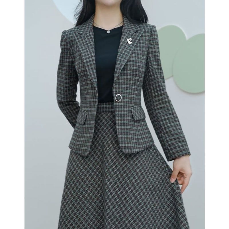 单/套装 时尚套装女2023春秋季格子西装外套高腰半身裙洋气两件套