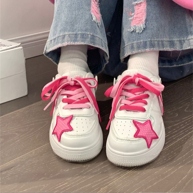 粉色星星板鞋女2023秋冬季透氣休閒百搭鞋子小眾原創厚底小白鞋女