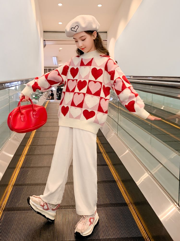女童毛衣加絨厚2023秋冬新款兒童女大童洋氣童裝打底針織衫上衣