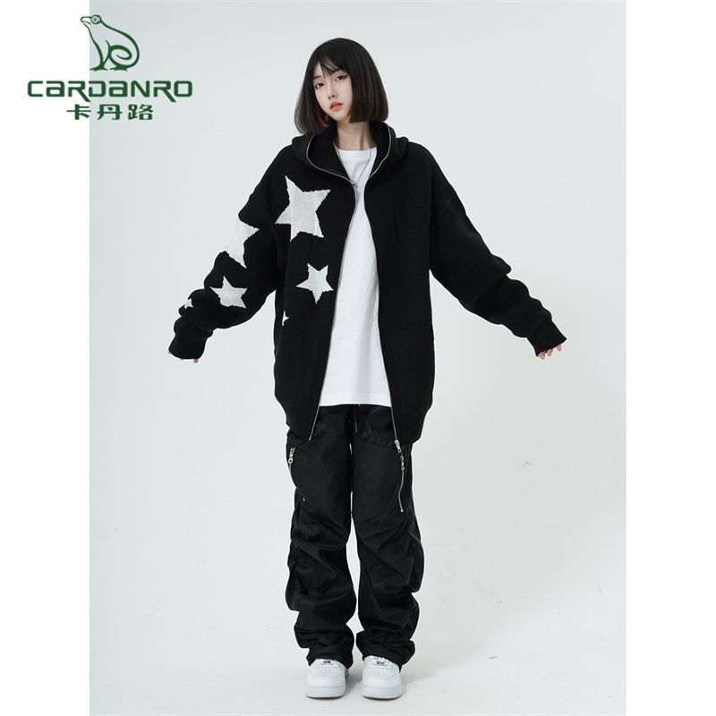 Cardan Road National tide American retro star design cardigan knitted sweater hooded jacket female autumn and winter ins tide brand