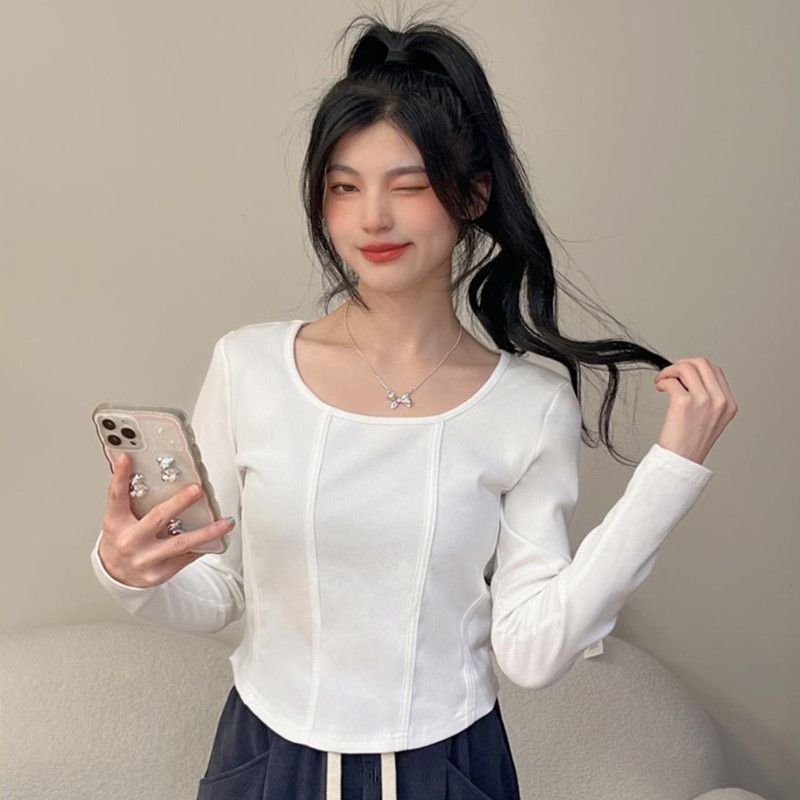 Square collar fishbone long-sleeved T-shirt women's thin section spring and autumn inner wear short section sweet and cool design sense niche all-match thin top