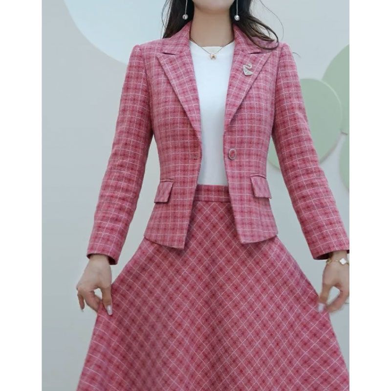 单/套装 时尚套装女2023春秋季格子西装外套高腰半身裙洋气两件套