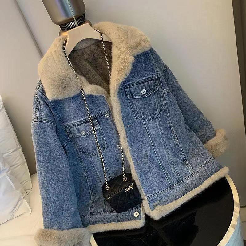 Denim jacket women autumn and winter new retro lamb wool casual loose bf plus velvet thickened casual party overcoat women
