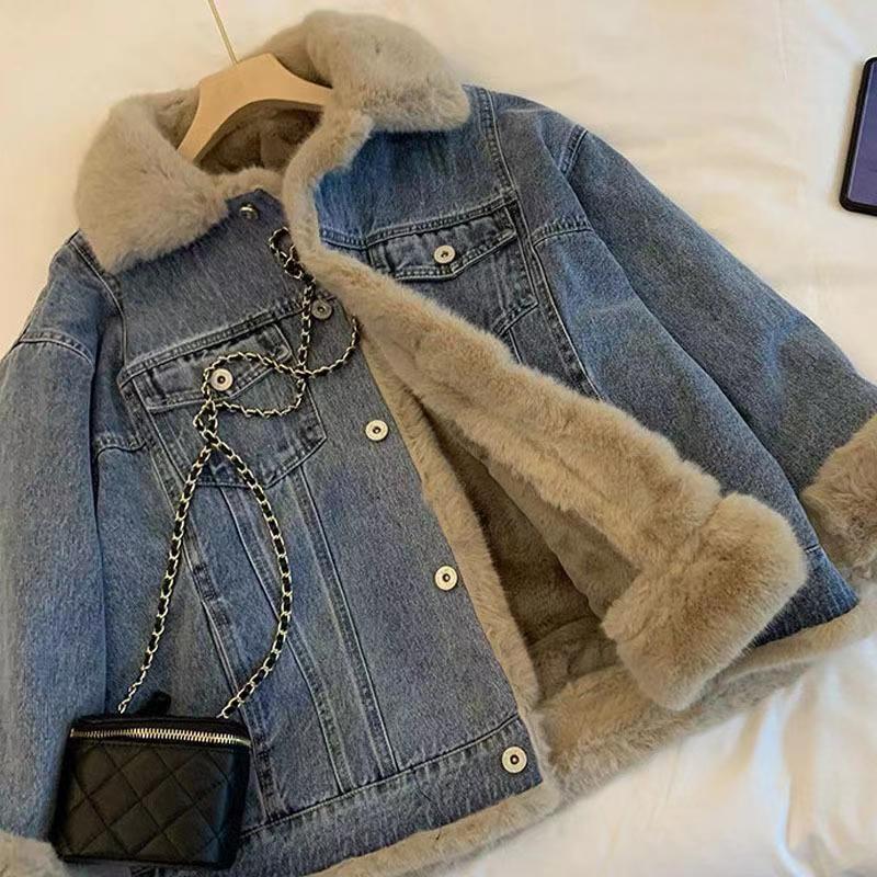 Denim jacket women autumn and winter new retro lamb wool casual loose bf plus velvet thickened casual party overcoat women