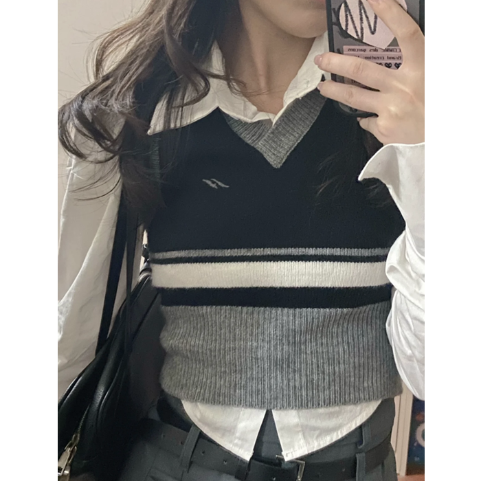 【兩件套裝】秋冬復古學院風V領短款針織毛衣馬甲女+Polo領白襯衫
