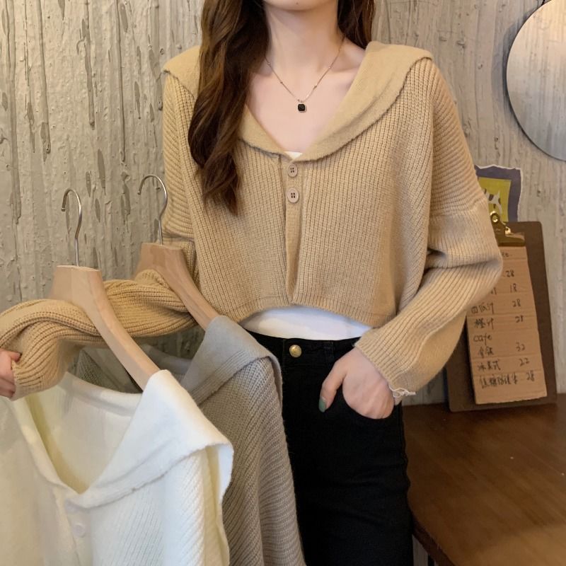 2023 Hong Kong style retro autumn and winter chic top lazy style design sense small trendy short chic knitted sweater