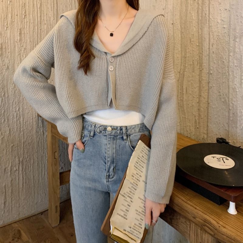 2023 Hong Kong style retro autumn and winter chic top lazy style design sense small trendy short chic knitted sweater