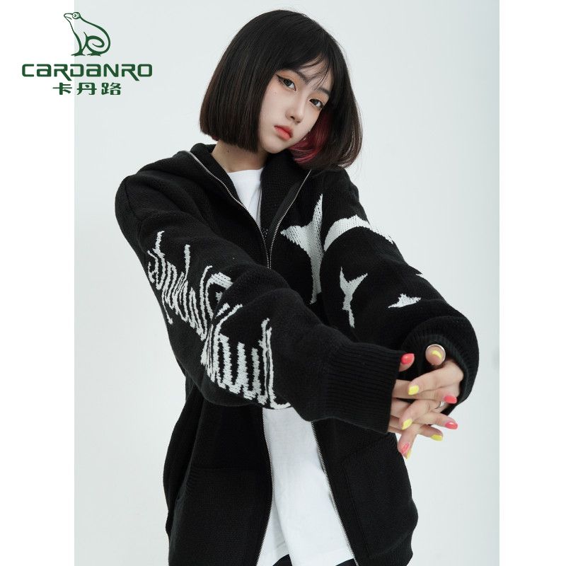 Cardan Road National tide American retro star design cardigan knitted sweater hooded jacket female autumn and winter ins tide brand
