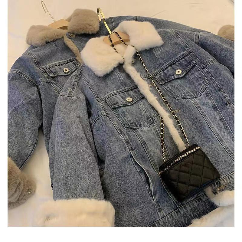 Denim jacket women autumn and winter new retro lamb wool casual loose bf plus velvet thickened casual party overcoat women