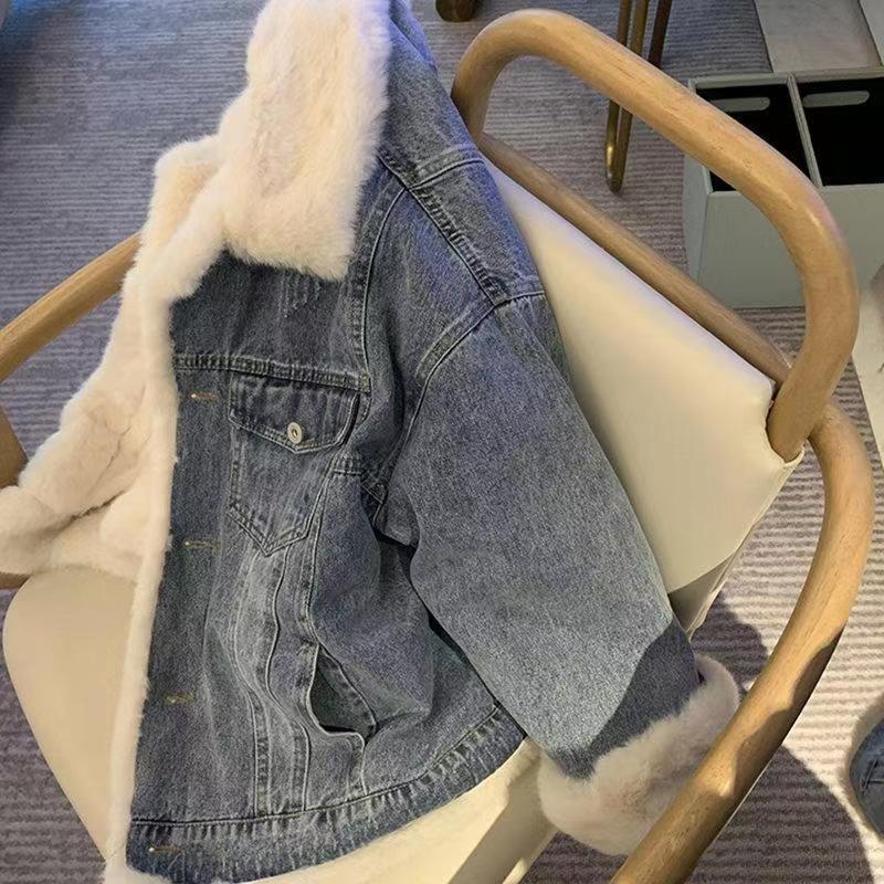 Denim jacket women autumn and winter new retro lamb wool casual loose bf plus velvet thickened casual party overcoat women