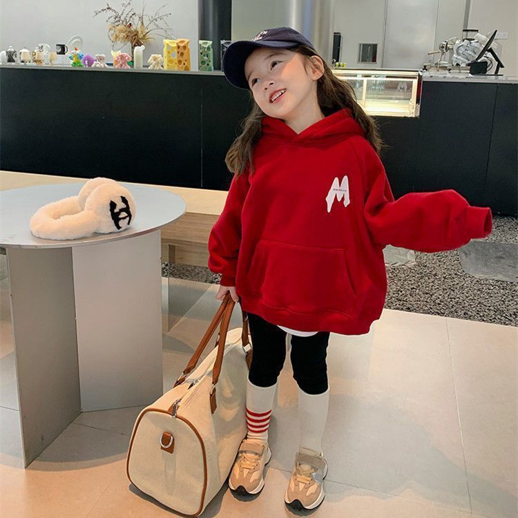 2022 new girl's fleece sweater autumn and winter children's baby foreign style all-match loose outerwear thickened hooded top