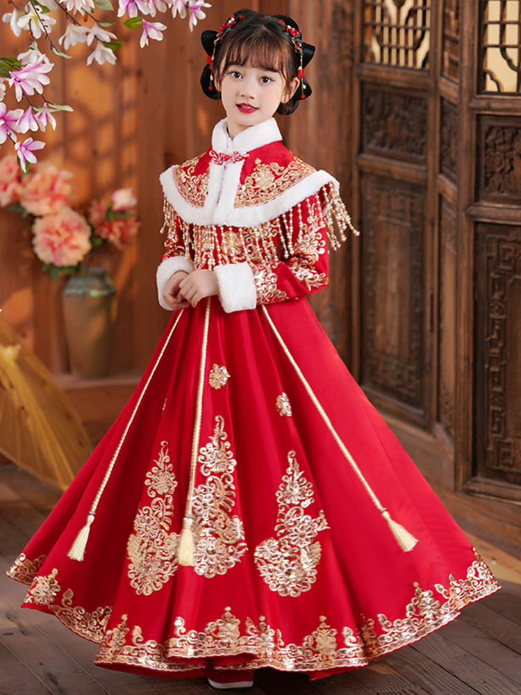 女童冬季連衣裙加絨加厚拜年服冬裝2022新款超仙高級漢服裙子冬款