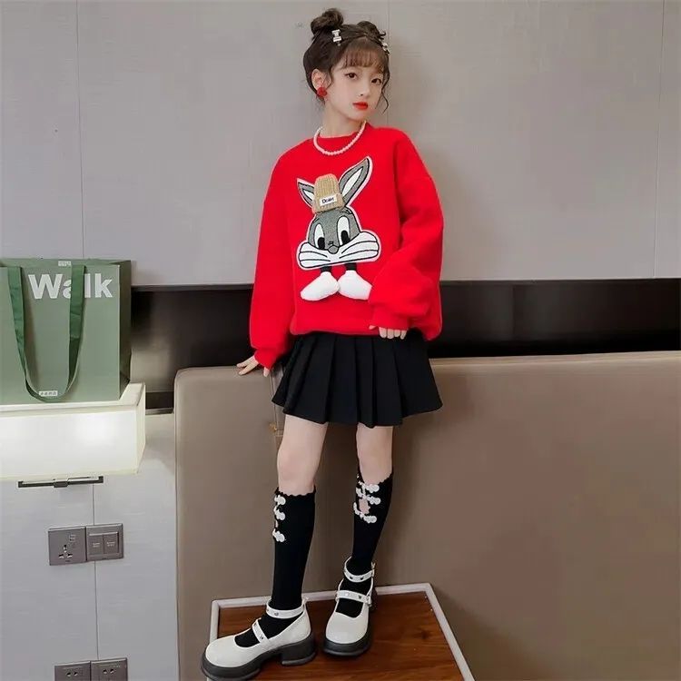 Girls plus fleece sweater  autumn and winter new middle and big children's rabbit thick bottoming shirt children's casual pullover