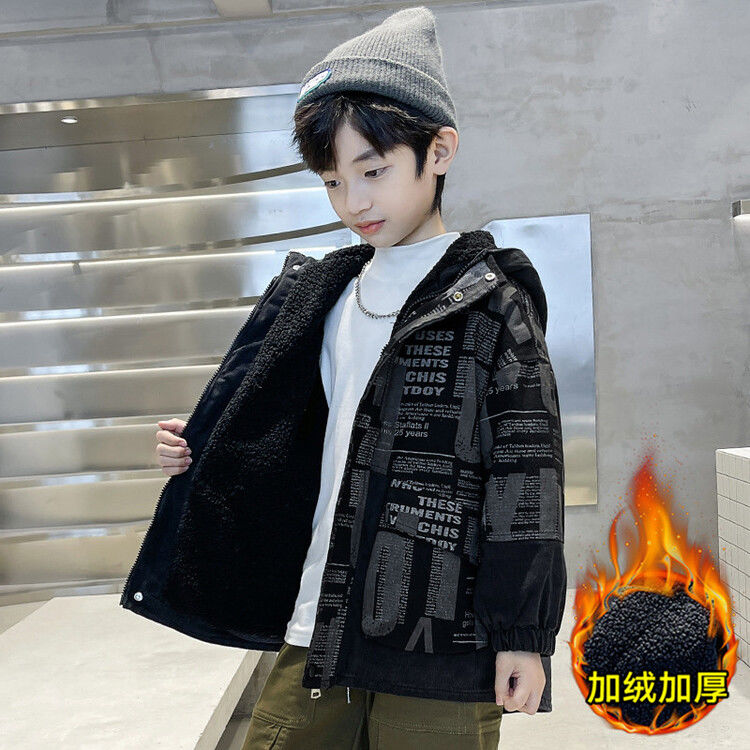 Boys' autumn and winter fleece jacket boy medium and large children's foreign style winter clothing lamb wool denim thick windbreaker trendy 8 years old 9 years old