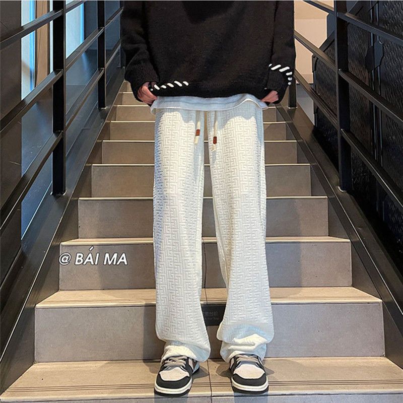 Design sense three-dimensional jacquard trousers men's autumn and winter plus velvet thickened straight trousers trendy brand loose white casual trousers