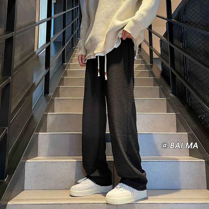 Design sense three-dimensional jacquard trousers men's autumn and winter plus velvet thickened straight trousers trendy brand loose white casual trousers