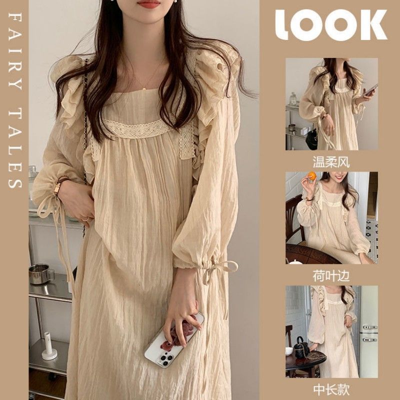Korean style nightdress women's autumn and winter pure cotton long-sleeved square collar court style pajamas ins style hot girl super long nightdress can be worn outside