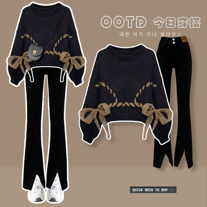 Winter suit women  new large size women's clothing foreign style thin knitted sweater slit jeans two-piece trendy