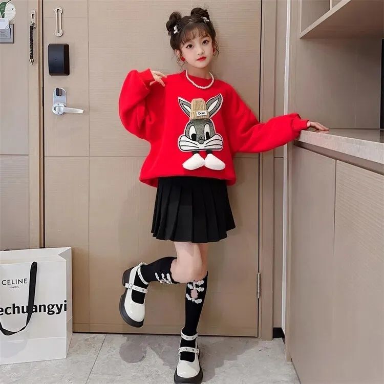 Girls plus fleece sweater  autumn and winter new middle and big children's rabbit thick bottoming shirt children's casual pullover
