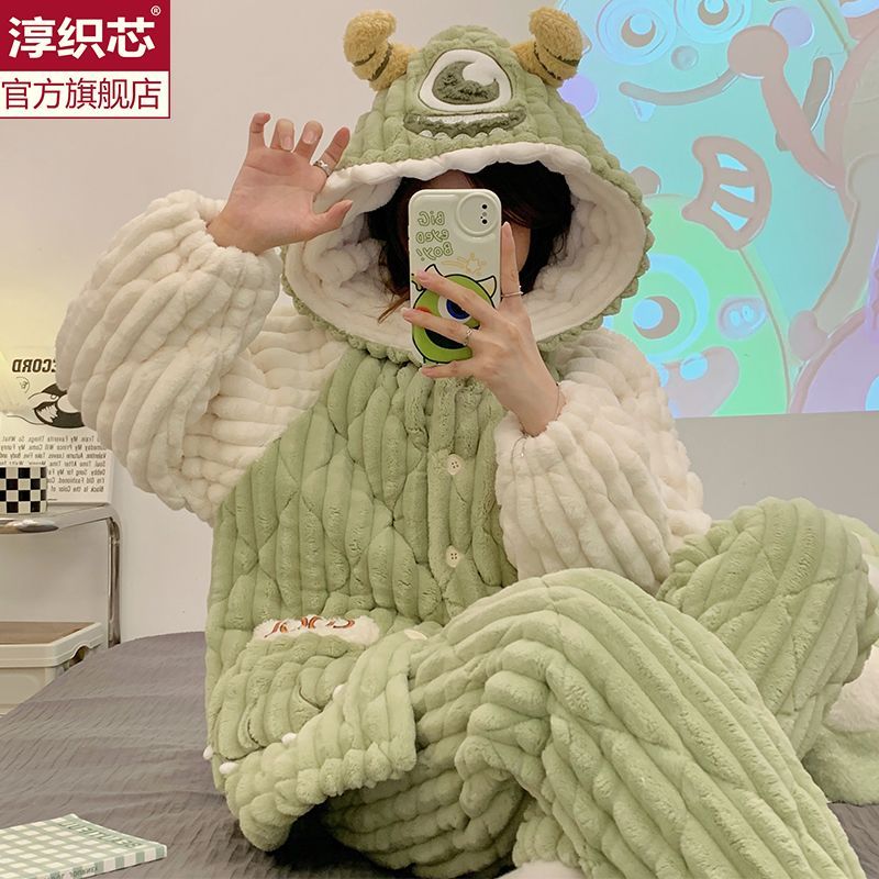 三層夾棉大眼仔睡衣女款冬季珊瑚絨加厚加絨法蘭絨冬天家居服套裝