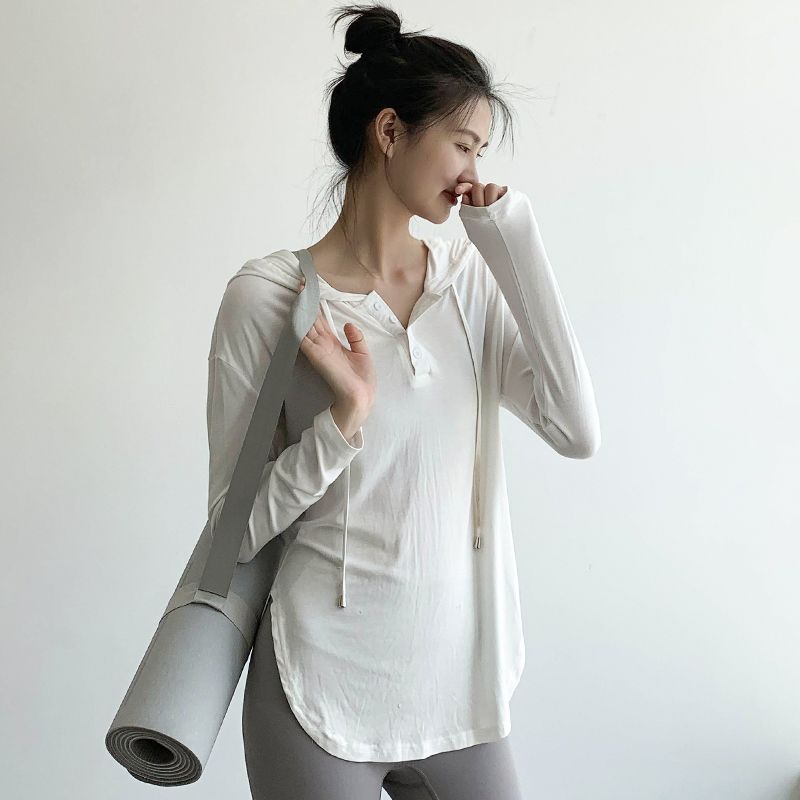 運動上衣女長袖連帽罩衫寬鬆健身衣長款遮臀透氣速干跑步瑜伽服女