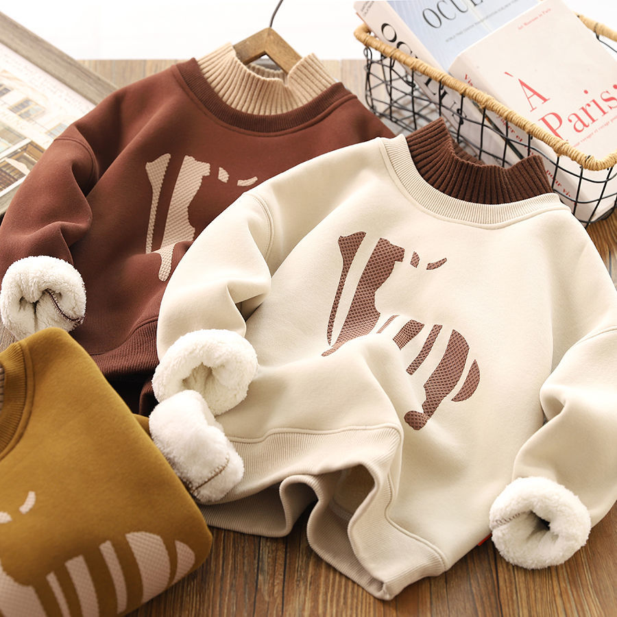 Boys' all-in-one velvet thickened sweatshirt  winter new Korean style medium and large children's warm base shirt trend