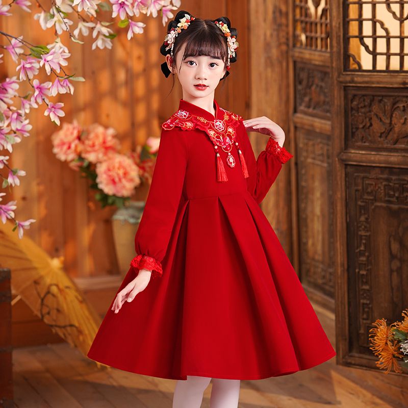 女童連衣裙秋冬2022新款秋冬童裝加絨公主新年裙子兒童紅色禮服裙