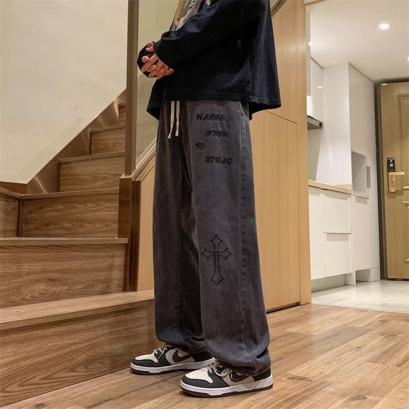 2023 autumn and winter American retro middle-aged and older children's straight wide-leg jeans all-match students boys and girls trousers ins