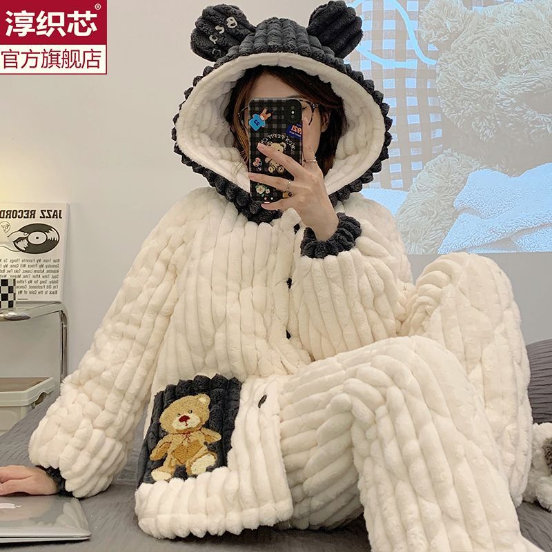 秋冬季三層夾棉睡袍女珊瑚絨加厚加絨米奇連帽睡衣外穿家居服套裝