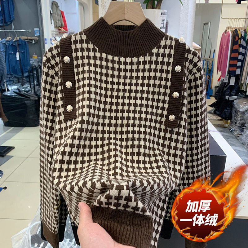 高品質半高領一體絨千鳥格打底毛衣女秋冬新款針織打底衫內搭上衣