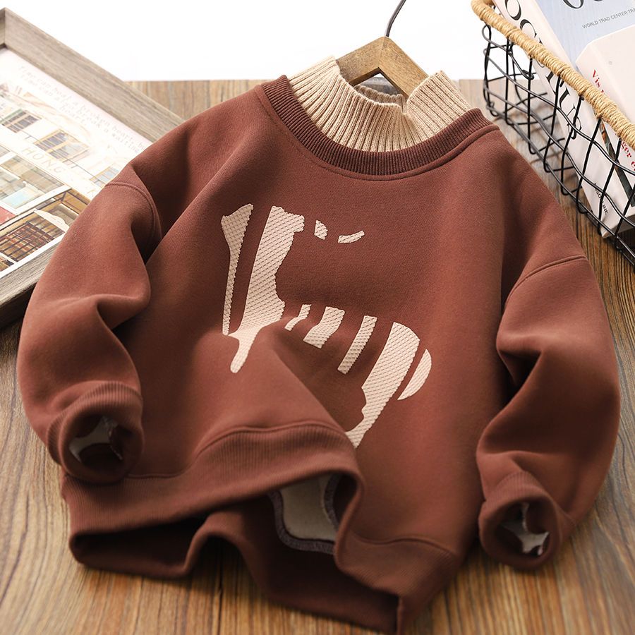 Boys' all-in-one velvet thickened sweatshirt  winter new Korean style medium and large children's warm base shirt trend