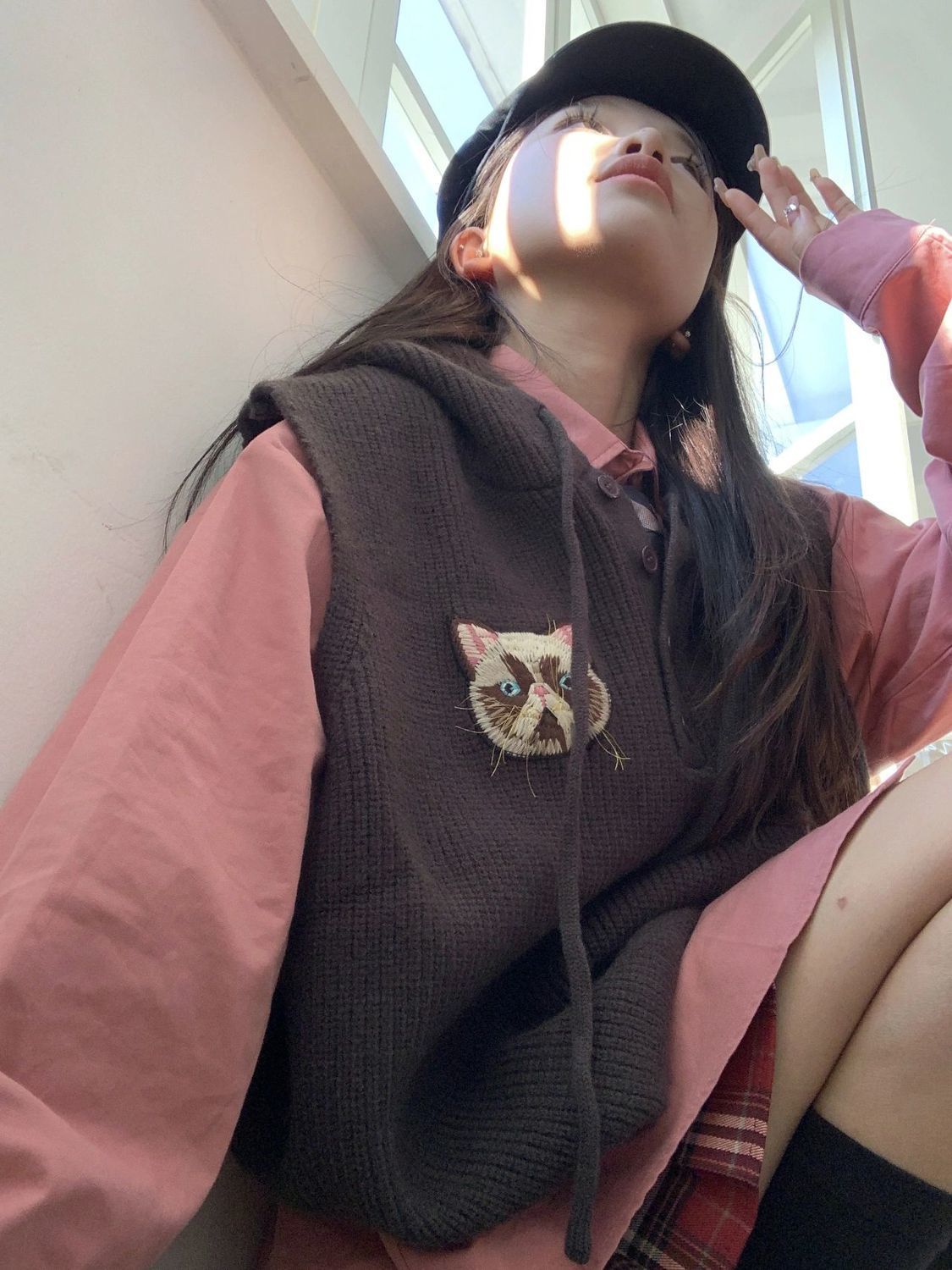 校园风马甲两件套日系设计感刺绣小猫连帽针织马甲女百搭衬衫上衣