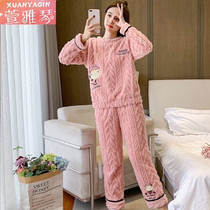 睡衣女冬季加厚珊瑚絨保暖休閒寬鬆簡約大碼女士家居服可外穿套裝