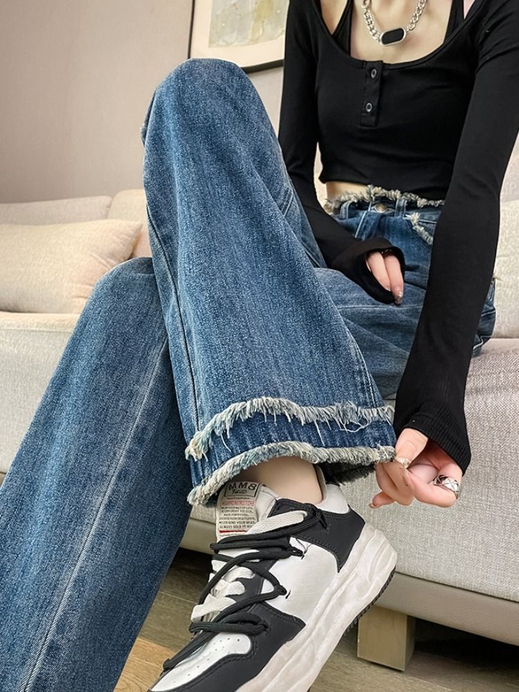 設計感小眾直筒牛仔褲女加絨秋冬季新款小個子高腰收腹毛邊闊腿褲