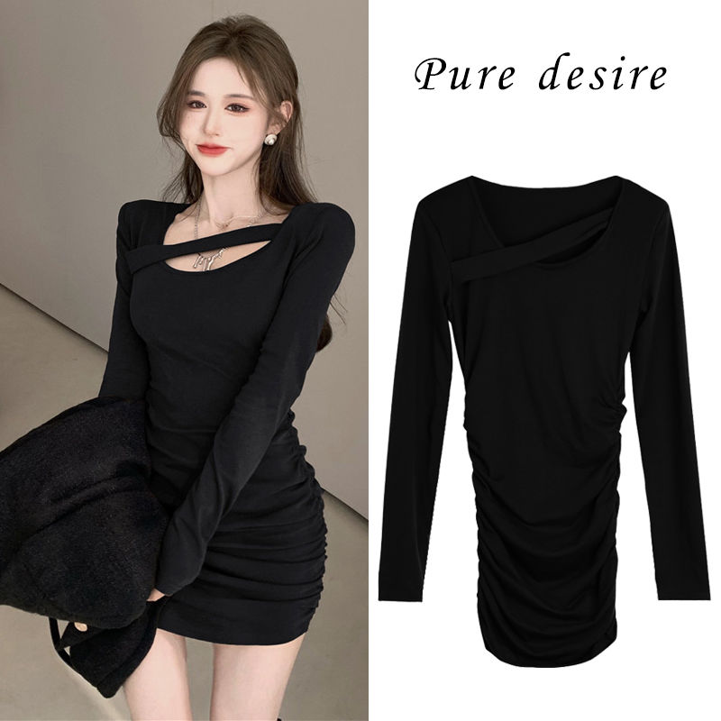 Pure desire style round neck long-sleeved dress women's autumn new style waist slimming hot girl inner bag hip bottoming short skirt