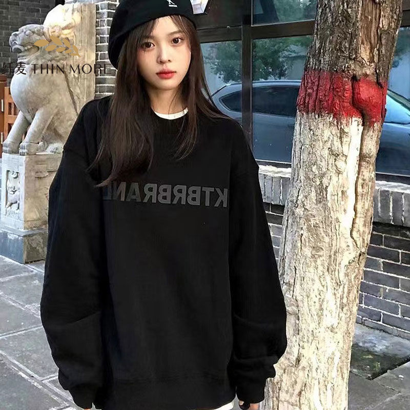 Fiber wheat pure cotton silver fox velvet trendy brand retro autumn and winter new American loose oversize couple black sweatshirt for women