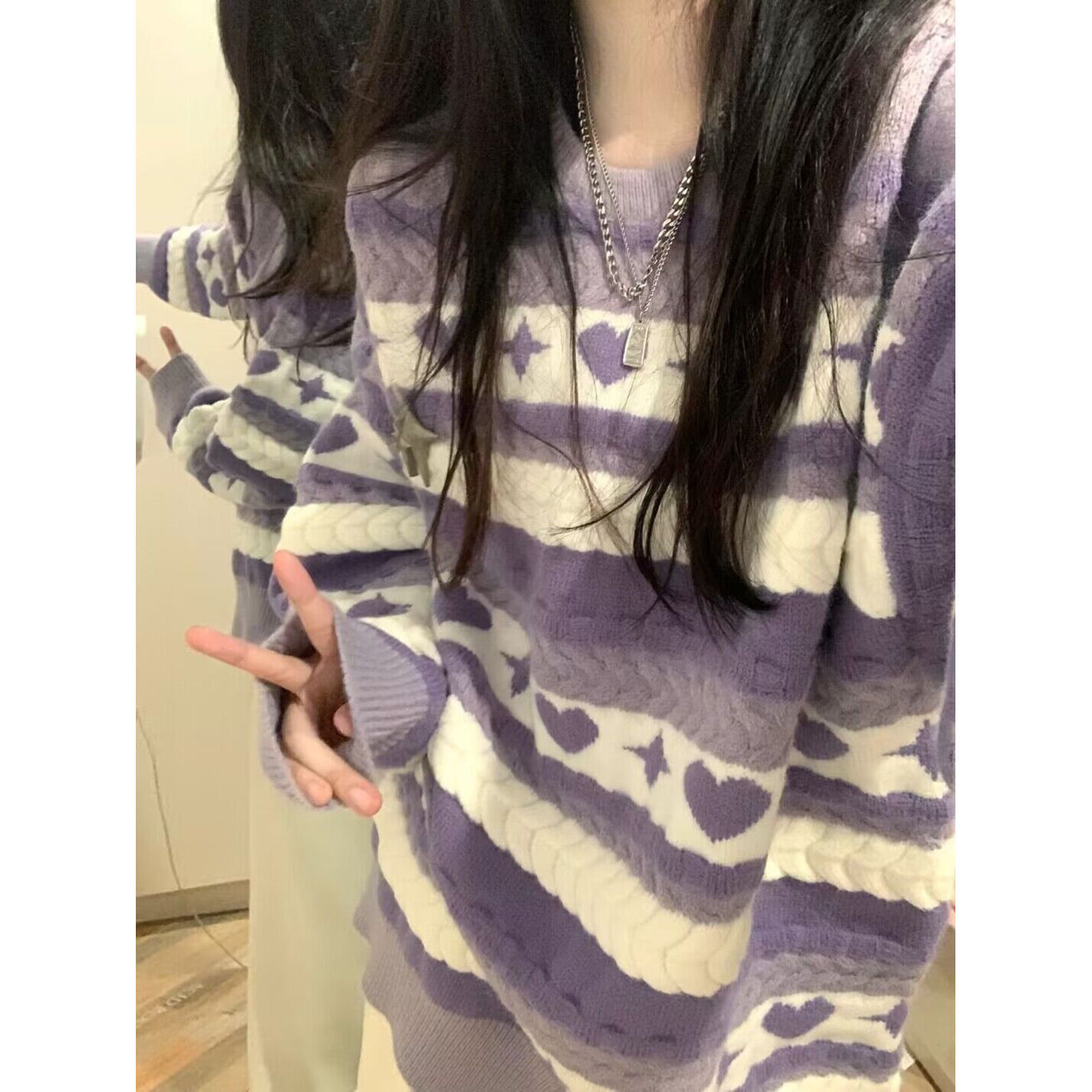 紫色毛衣女冬季新款設計感小眾日系慵懶風復古條紋針織衫圓領上衣