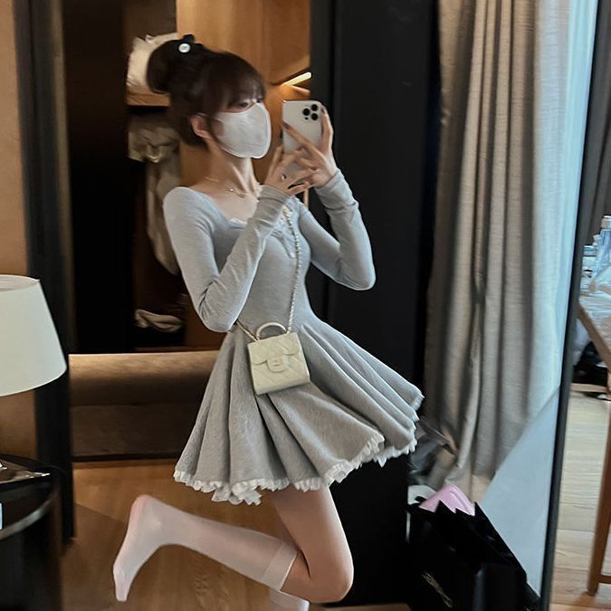 Pure desire Korean style splicing lace dress women's big skirt long sleeves waist waist temperament cute pleated princess skirt