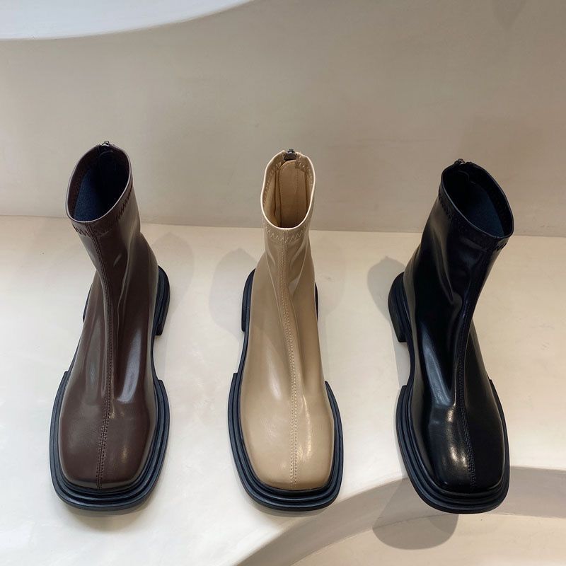 Korean short boots for women 2022 autumn and winter new thick-soled square-head elastic short-tube slim boots retro versatile Martin boots